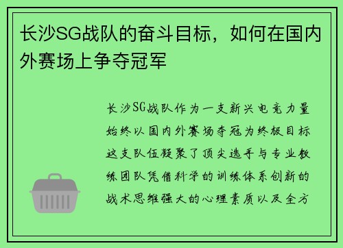 长沙SG战队的奋斗目标，如何在国内外赛场上争夺冠军