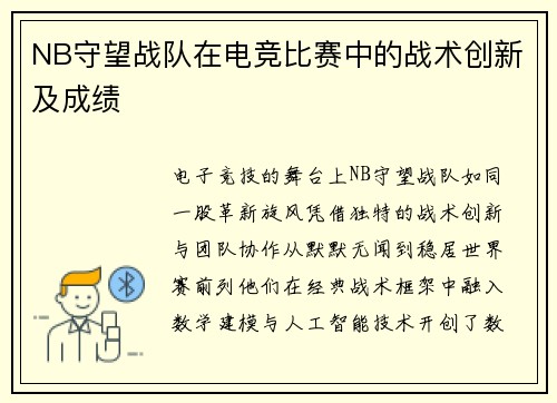 NB守望战队在电竞比赛中的战术创新及成绩