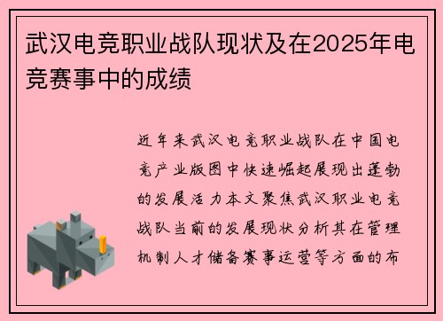 武汉电竞职业战队现状及在2025年电竞赛事中的成绩